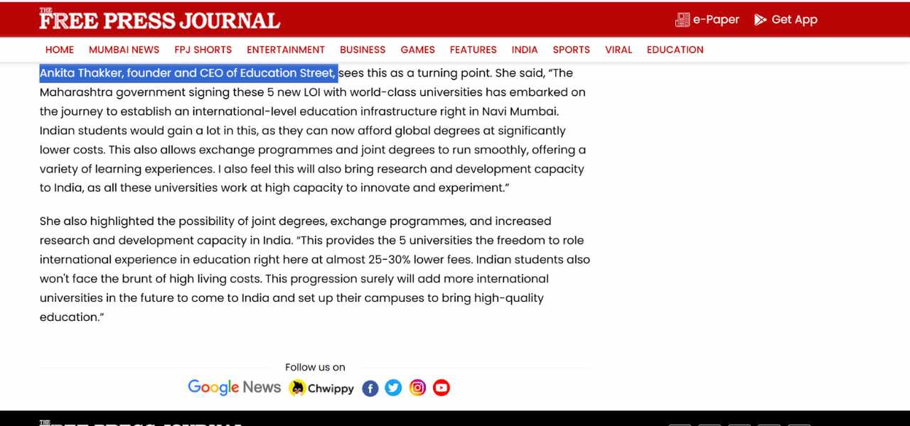 Ankita mam Featured in FREE Press Journal
