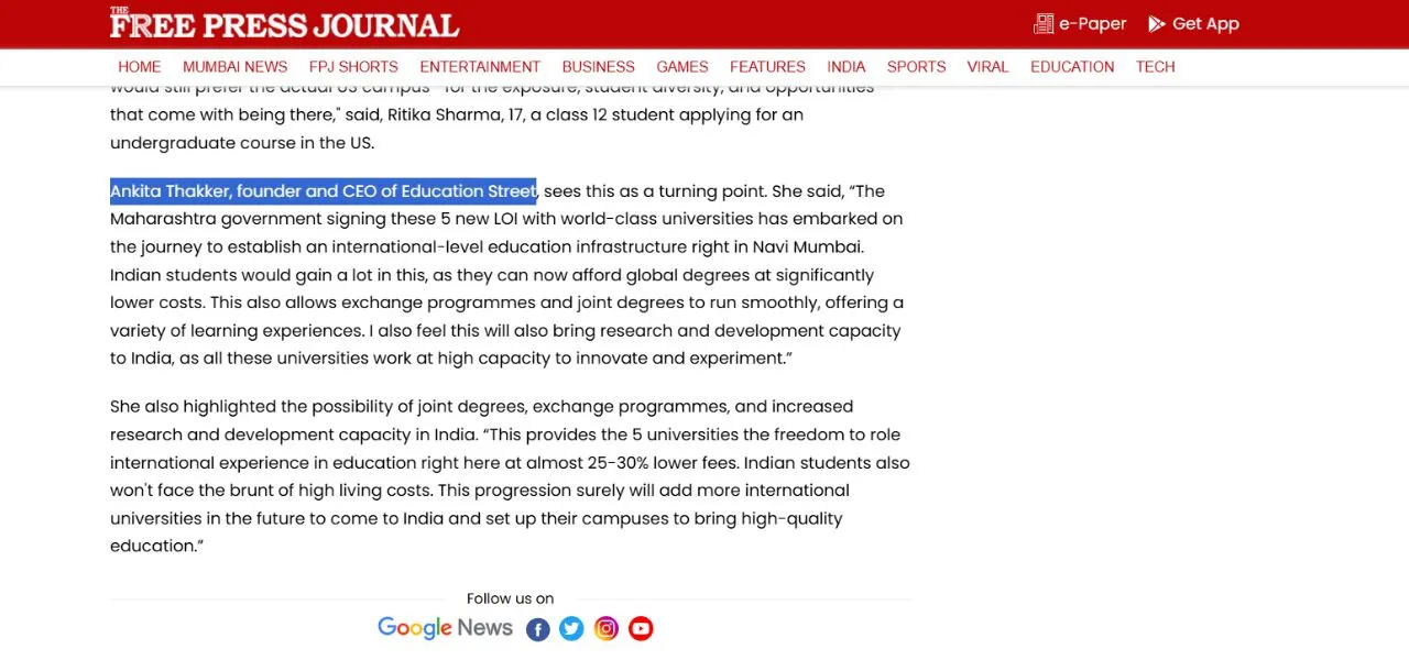 Education Street founder Ankita Thakker featured in Free Press Journal article on international university campuses in Navi Mumbai