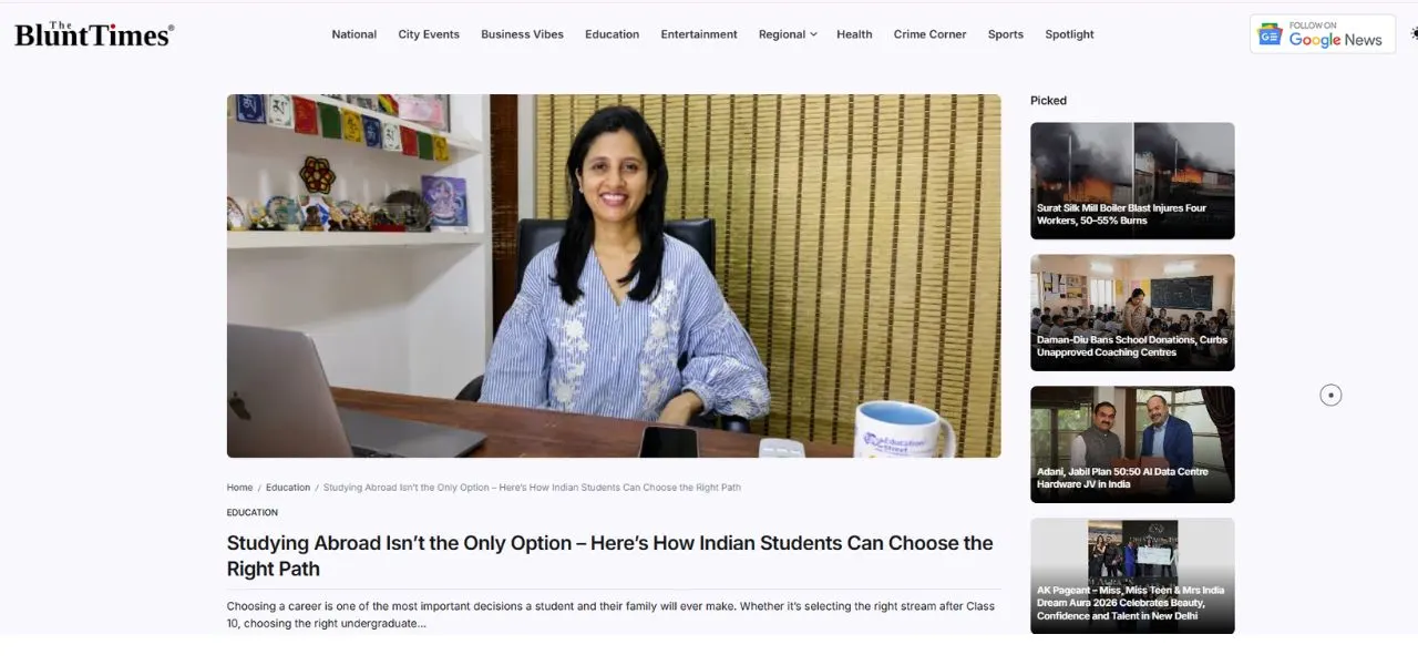 Education Street featured in The Blunt Times article on how Indian students can choose the right path beyond studying abroad