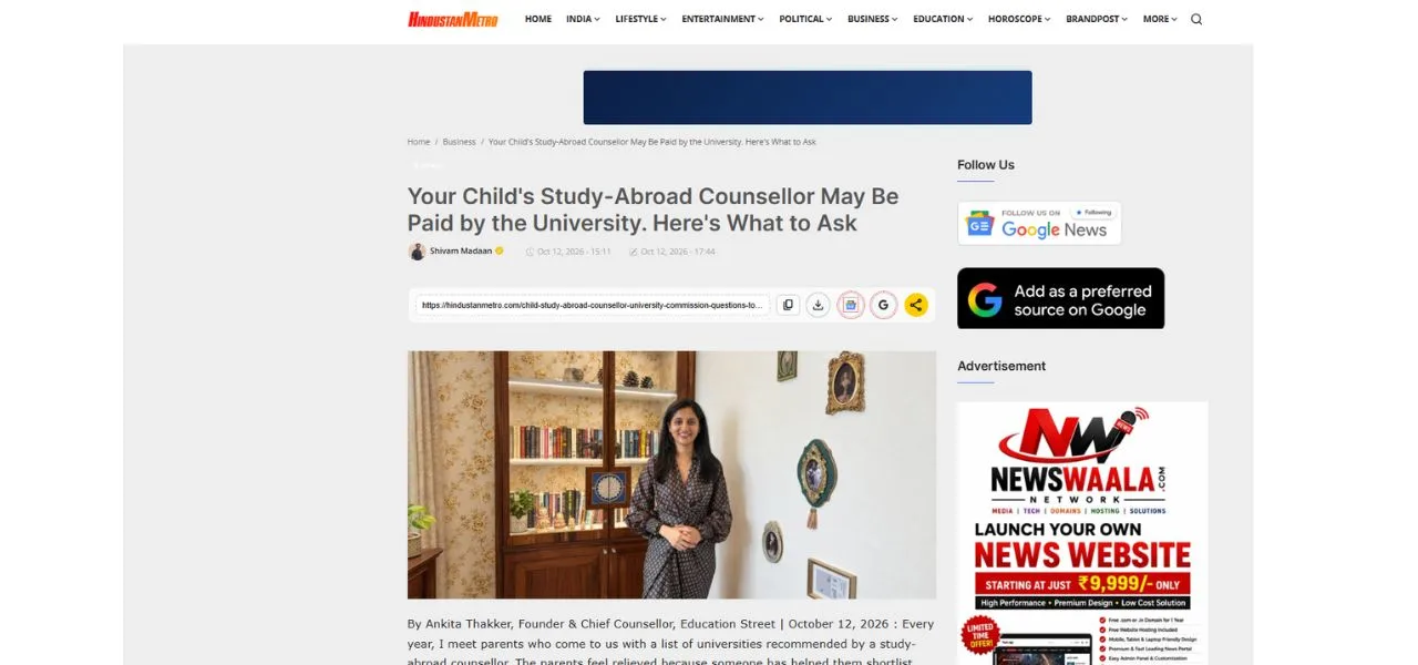 Ankita Thakker of Education Street featured in Hindustan Metro article on questions parents should ask a study abroad counsellor